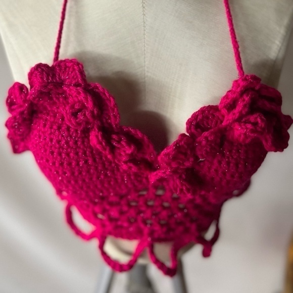 HOT PINK CROCHETED FESTIVAL OR SWIM TOP - Picture 6 of 8